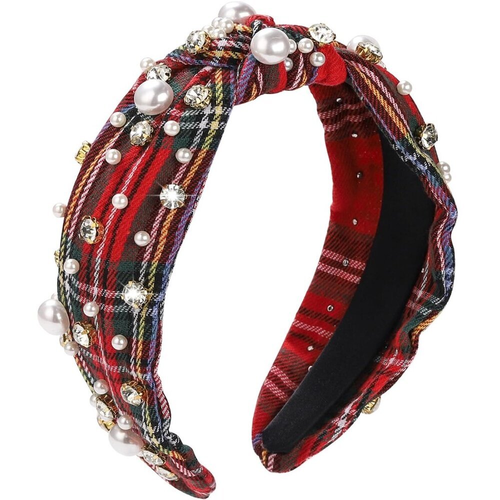 Pearl Knotted Headband, Women Rhinestone Embellished Hairband Elegant Wide Top K